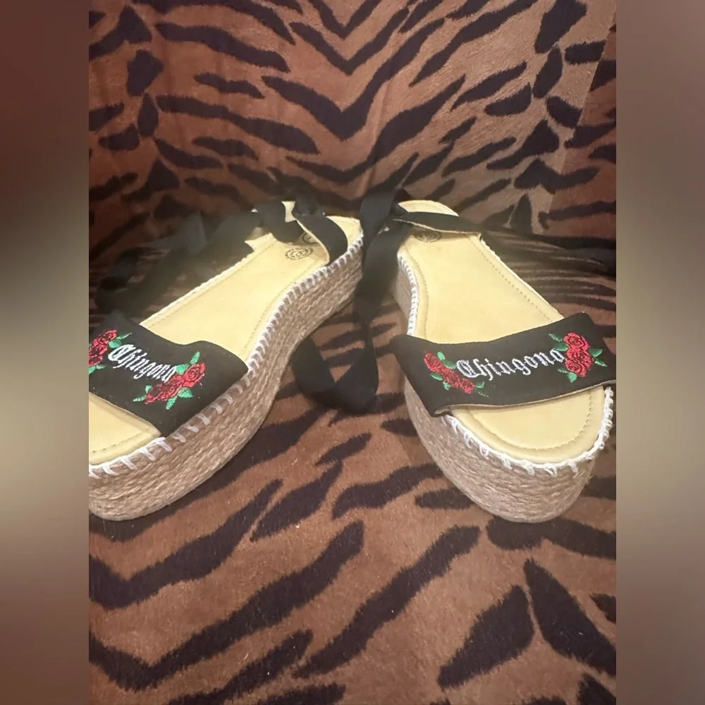 Yellow Espadrille Platforms with Black Embroidered Strap